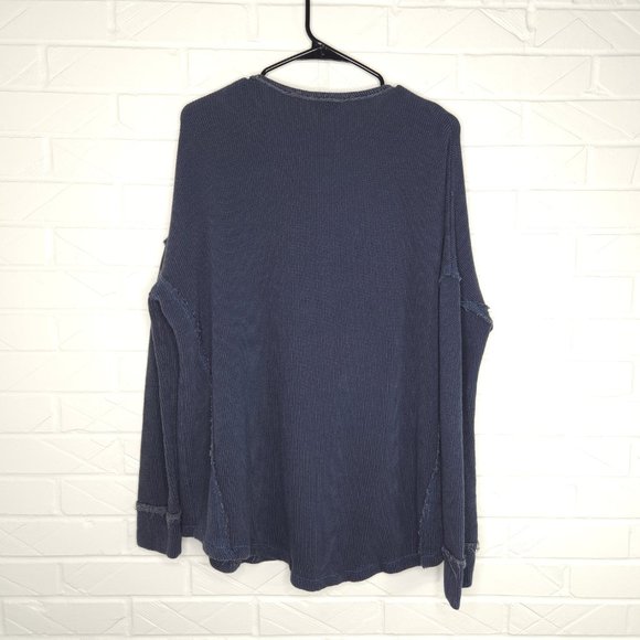 SMYM Mineral Wash Navy Blue Thermal Waffle Knit Top Drop Sleeve Oversize L - Picture 4 of 4